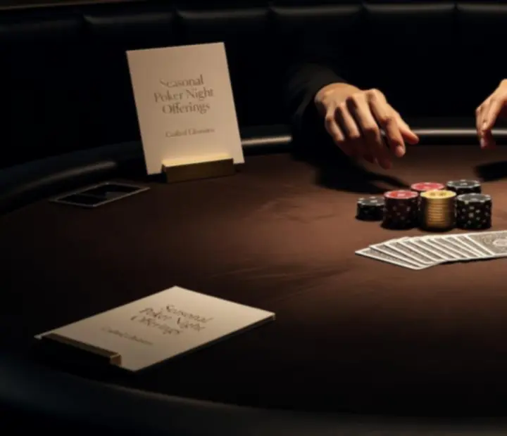 Atmosferyczny stół pokerowy w ciepłym świetle z drinkami i kartami