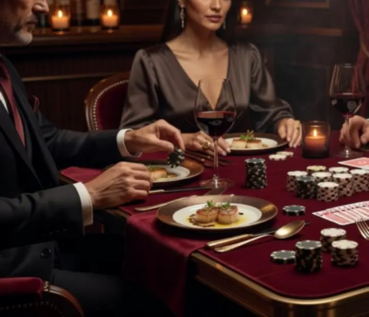 Wieczorowa scena: elegancki stół, nastrojowe światło i symboliczne akcesoria pokerowe
