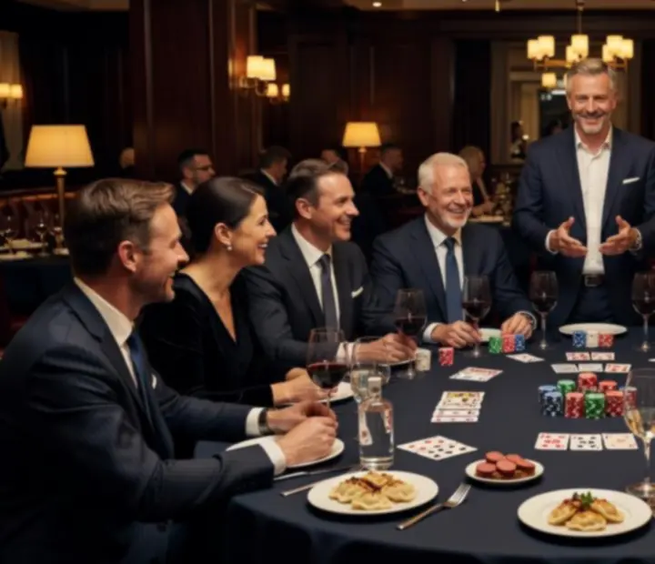 Wieczór pokerowy zorganizowany w eleganckiej polskiej restauracji z gośćmi przy stole