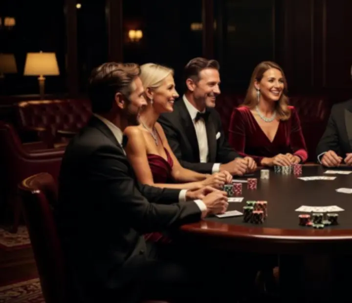 Eleganccy goście przy stole pokerowym w nastrojowej restauracji