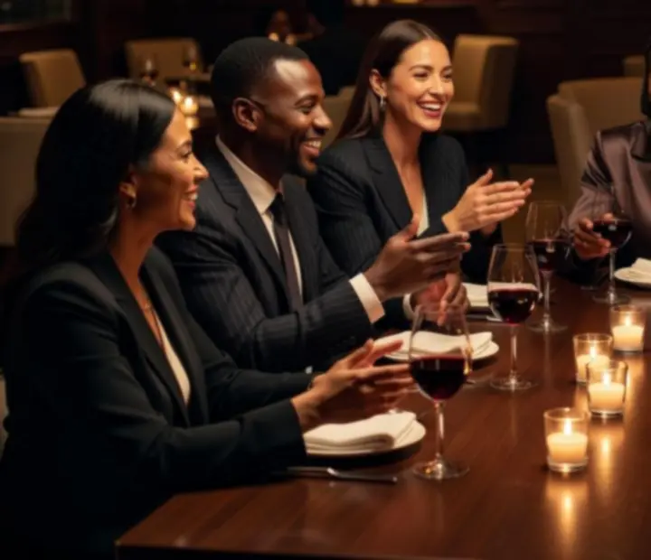 Grupa elegancko ubranych gości przy stole w nastrojowej restauracji