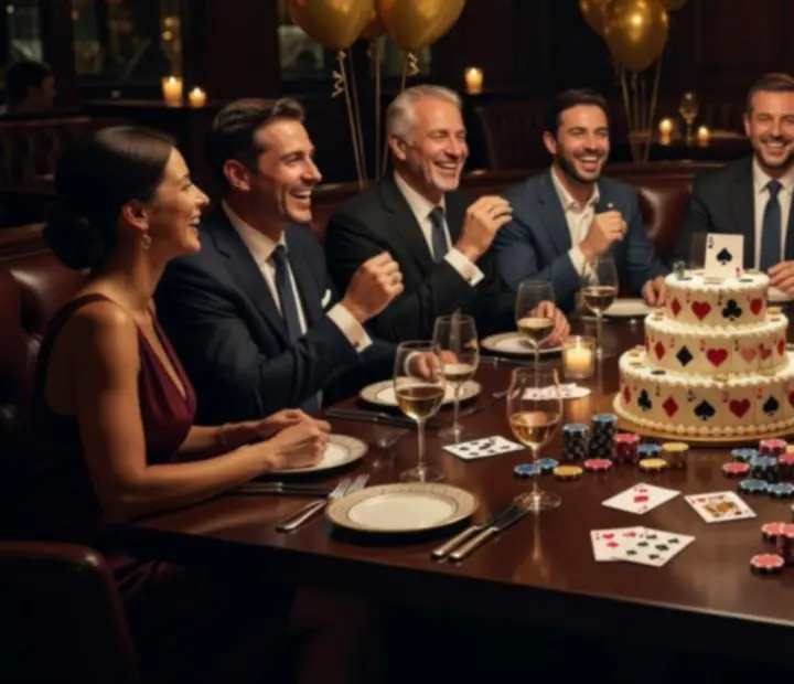 Stół urodzinowy w restauracji z przygaszonym światłem i eleganckimi akcentami pokerowymi