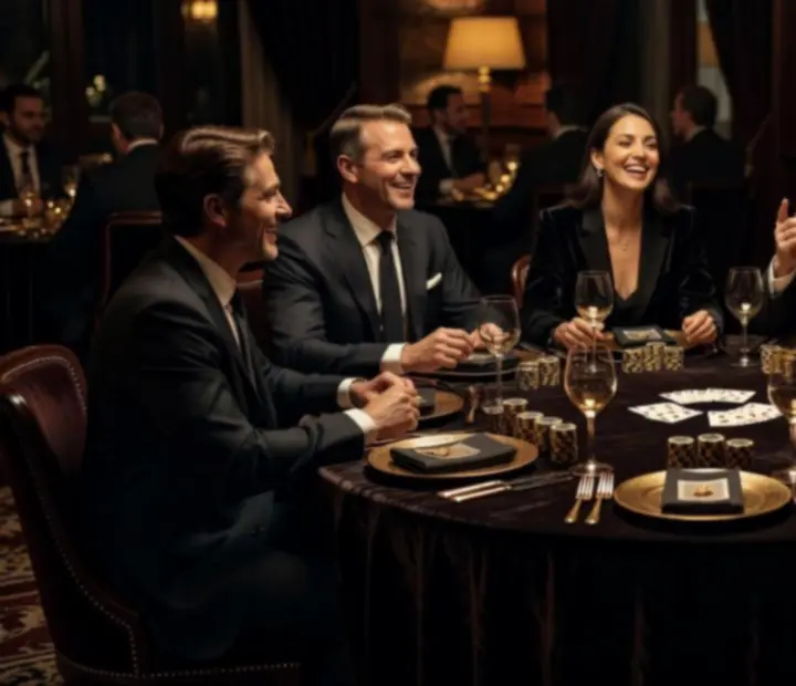 Ciemne, eleganckie wnętrze restauracji z rozświetlonym stołem i subtelnymi akcentami pokerowymi