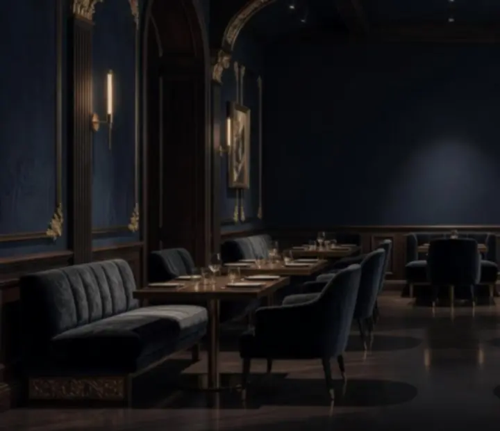 Ciemne, eleganckie wnętrze restauracji z aksamitnymi siedziskami i złotymi detalami