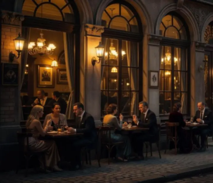 Dramatyczne ujęcie eleganckich lokali nocą z ciepłym światłem w oknach