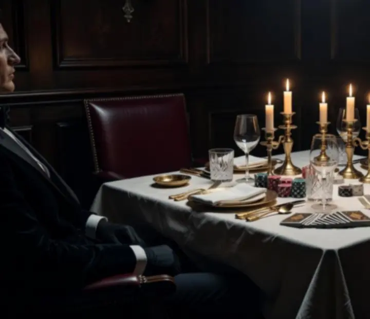 Wieczorna scena przy restauracyjnym stole w ciepłym świetle z subtelną pokerową scenografią