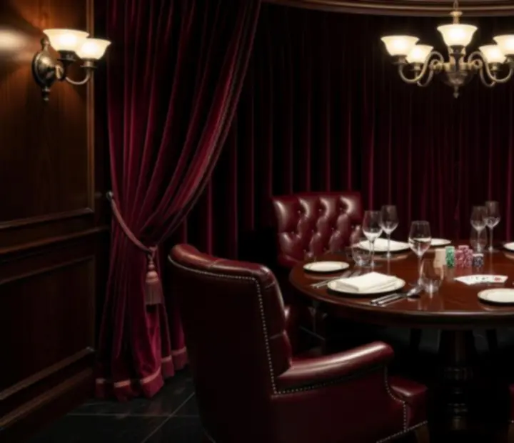 Ekskluzywna strefa VIP w restauracji z przygotowanym stołem pokerowym i eleganckim wystrojem
