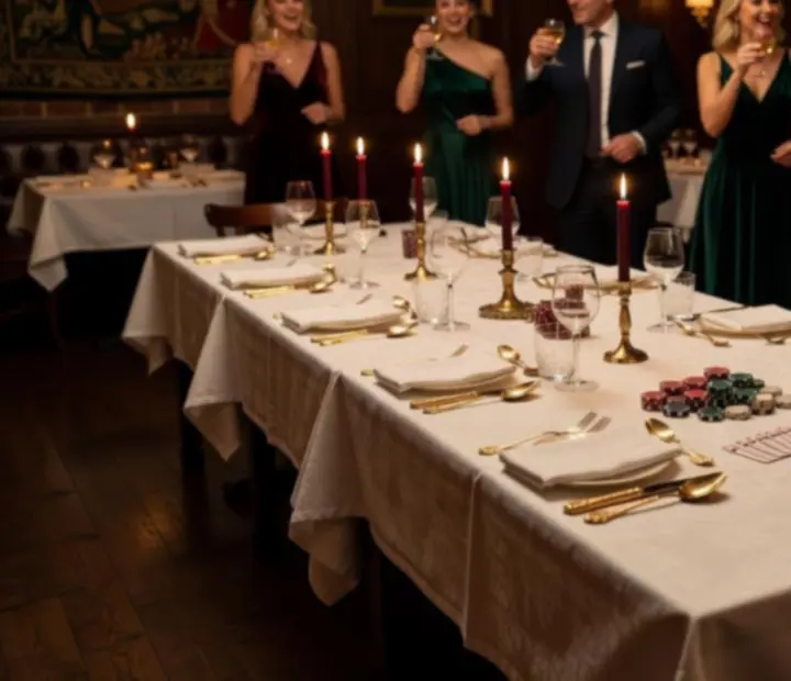 VIP kolacja przy eleganckim stole z kartami i żetonami pokerowymi