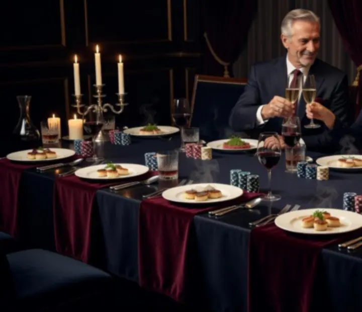 VIP kolacja w przyciemnionej restauracji z eleganckimi detalami i subtelnym motywem kart